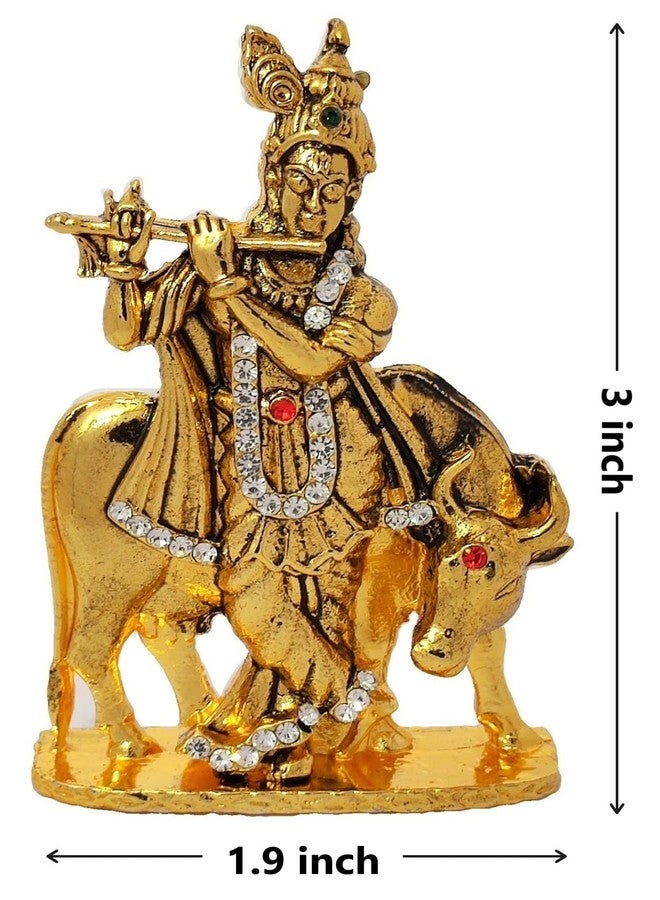 GCT Lord Krishna Idol with Cow Bansuri Krishna Idol (B-117) Gold Metal Statue for Home Décor Car Dashboard Mandir Pooja Murti Temple Puja Office Table Showpiece - Image 2